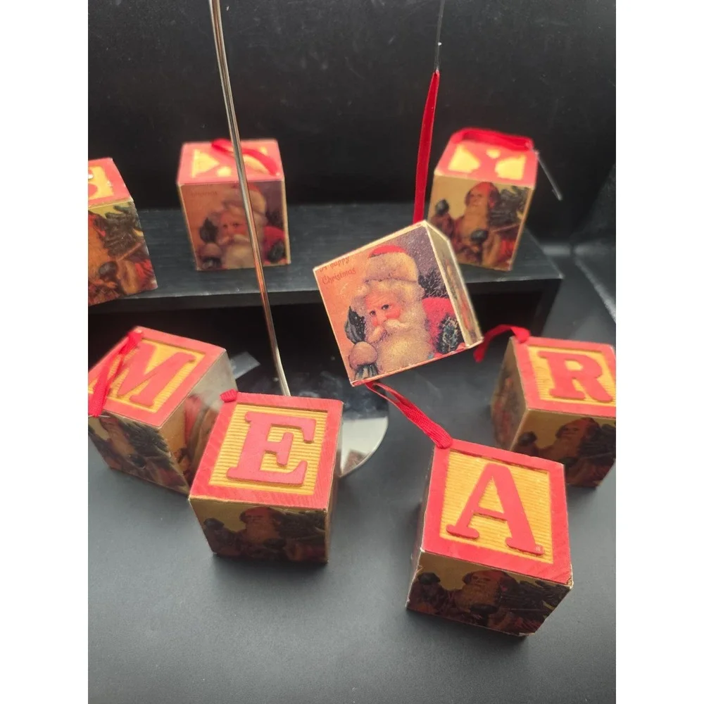 Vintage Set OF 8 Christmas Wood Alphabet Block Ornaments ReD Letter SaNTA Claus!
